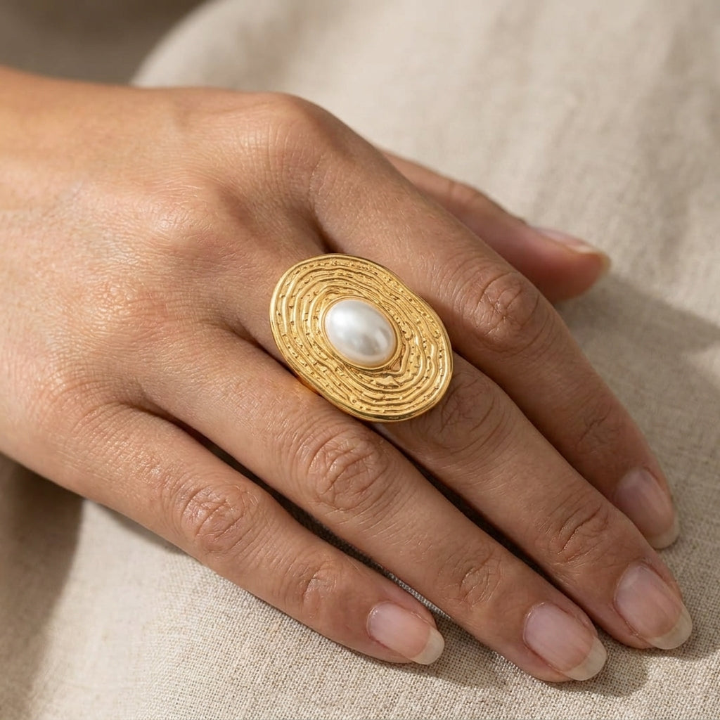 Elegant Gold-Tone Oval Pearl Ring for Women