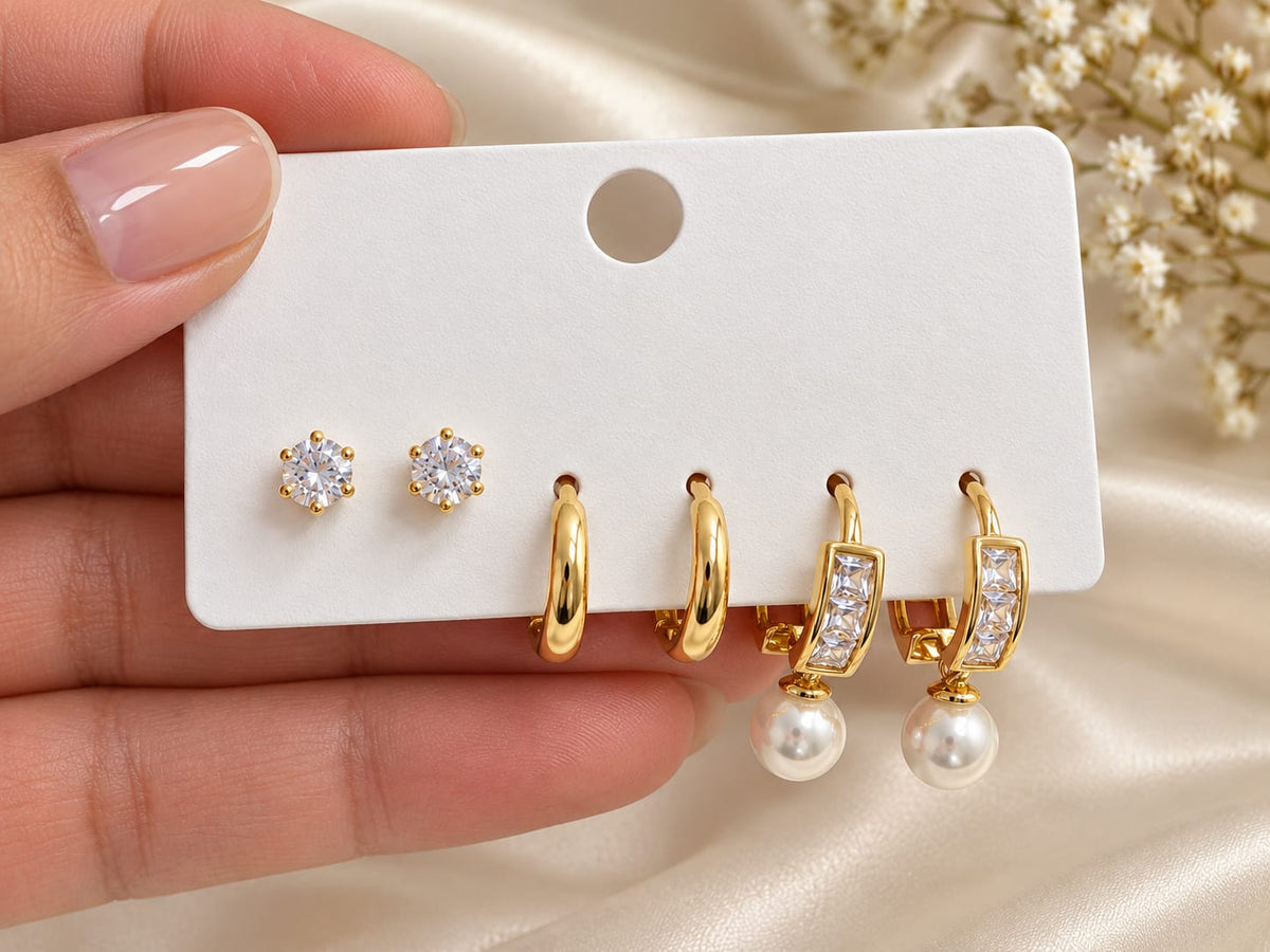 Elegant Gold-Tone Pearl & Crystal Hoop Earrings Set