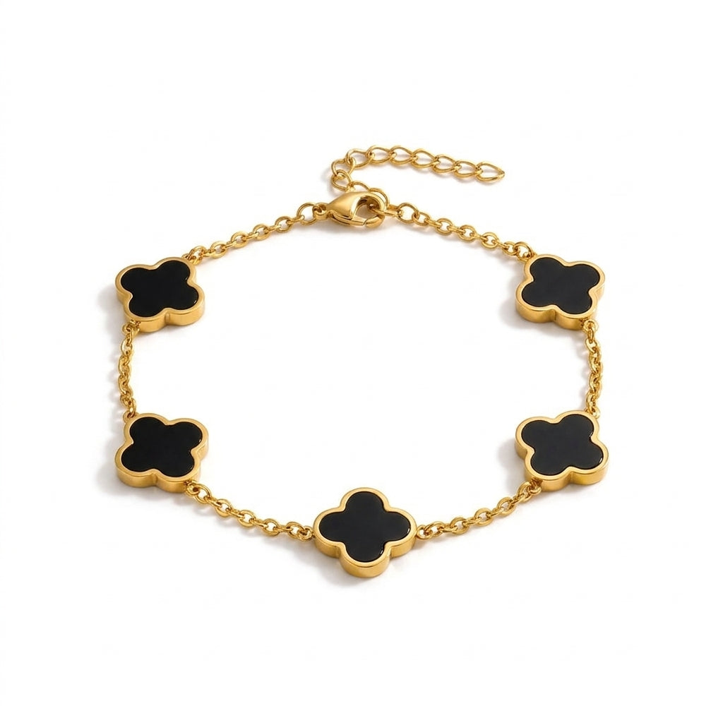 Elegant Gold-Tone Stainless Steel Bracelet with Black Clover Charms