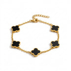 Elegant Gold-Tone Stainless Steel Bracelet with Black Clover Charms