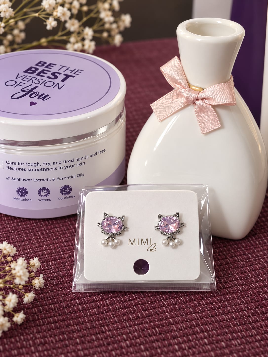 Cute Kitty Cat Stud Earrings with Pink Crystal Stones and Pearl Dangles