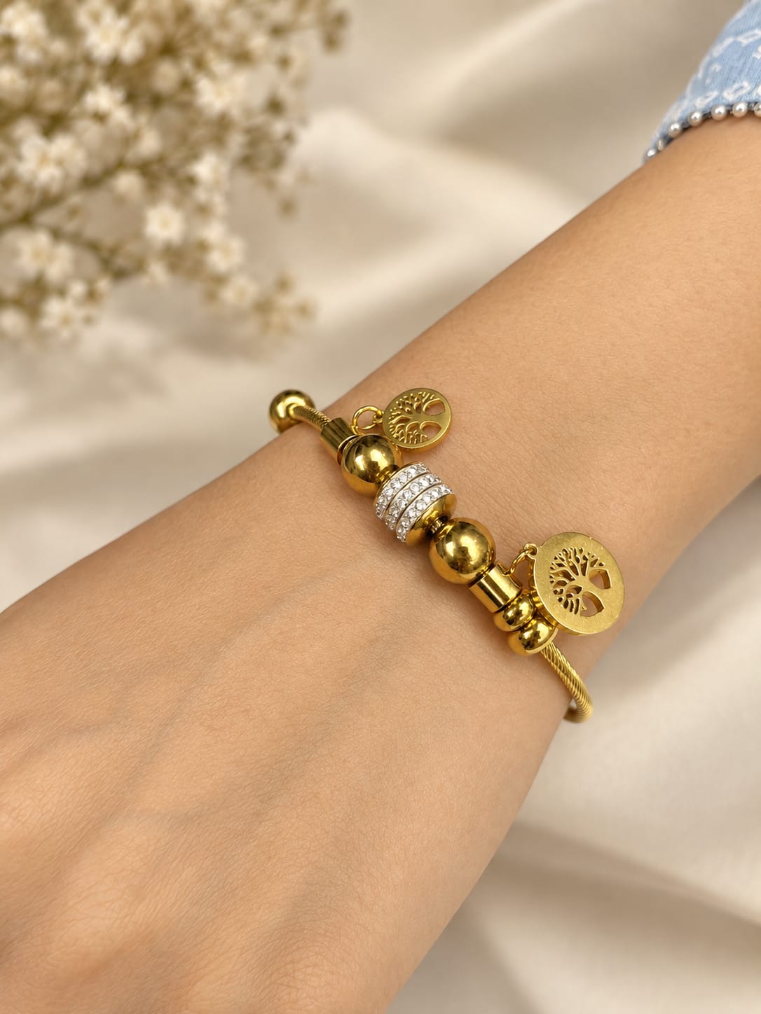 Luxury Gold-Tone Stainless Steel Tree of Life Charm Bracelet for Women