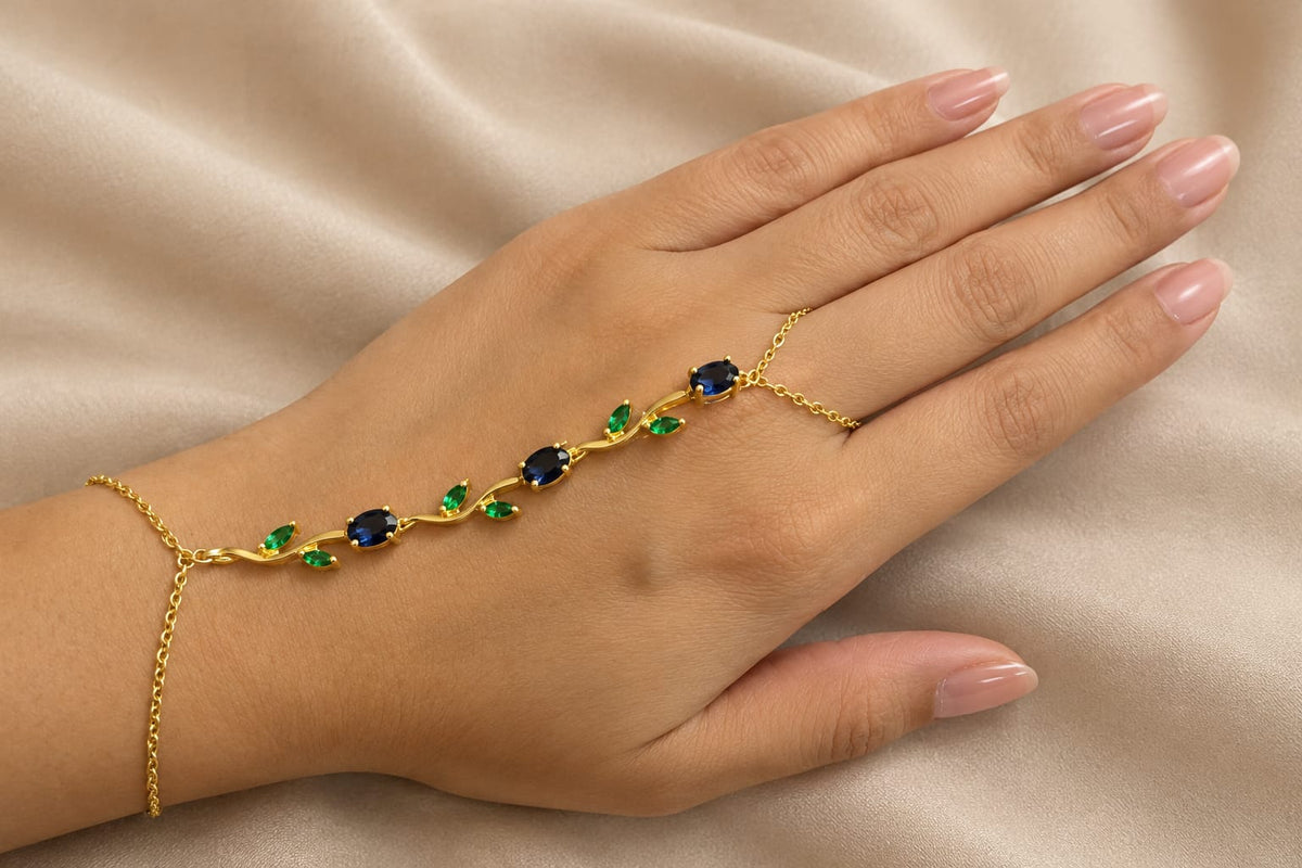 Elegant Gold-Tone Blue & Green Stone Hand Harness Bracelet