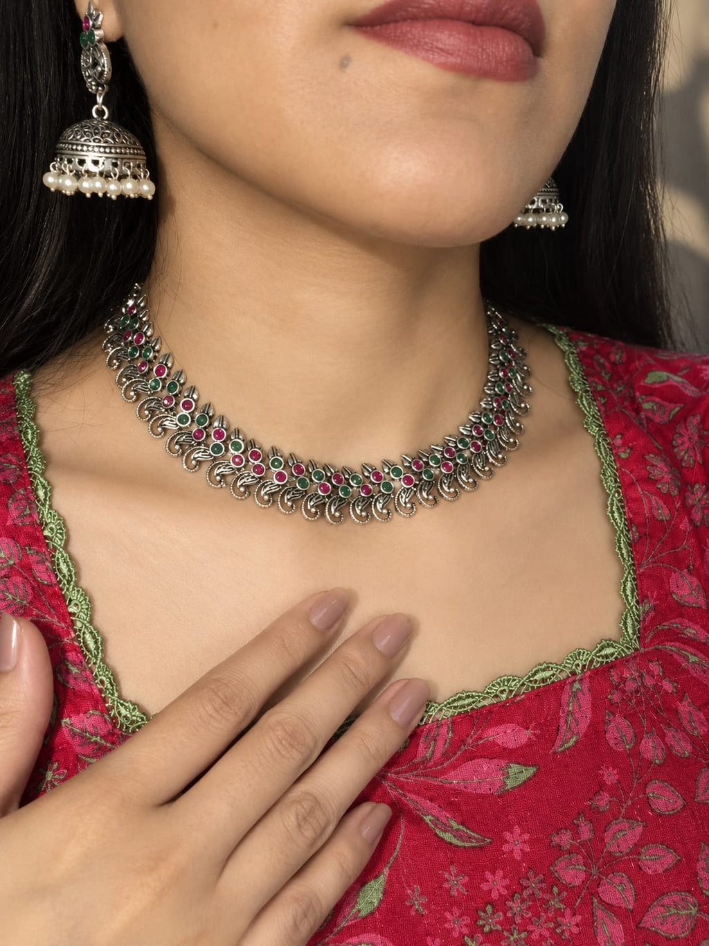 Traditional Oxidised Silver Choker Necklace Set with Jhumka Earrings