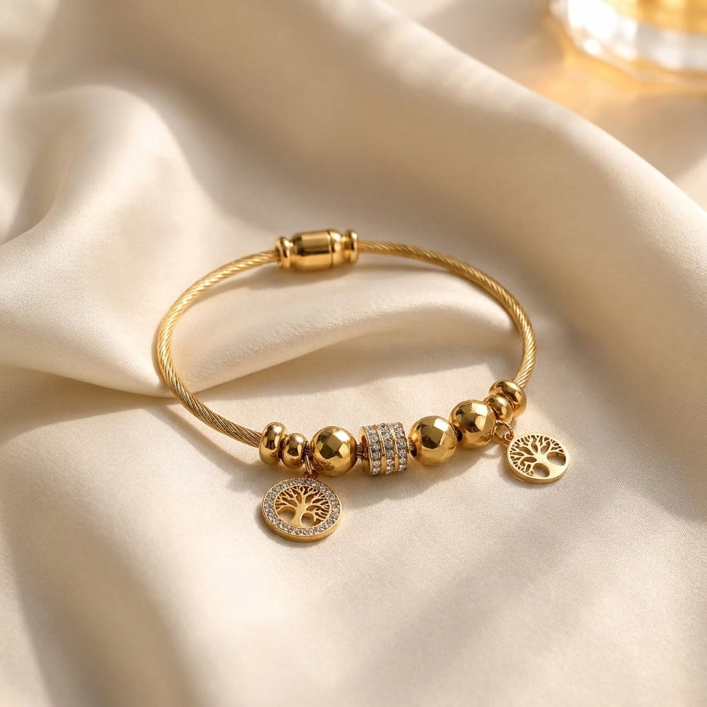 Luxury Gold-Tone Stainless Steel Tree of Life Charm Bracelet for Women