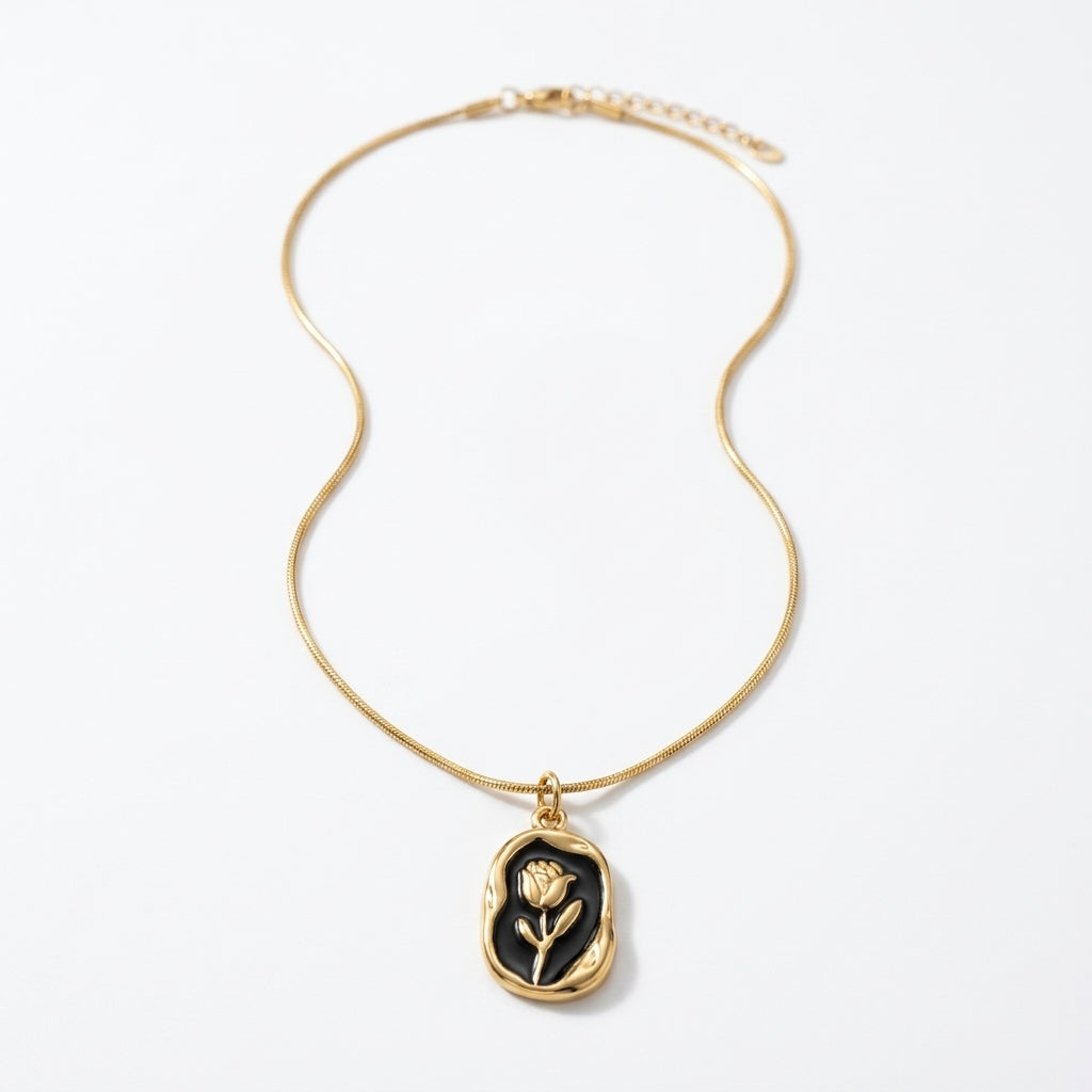 Gold and Black Floral Pendant Necklace