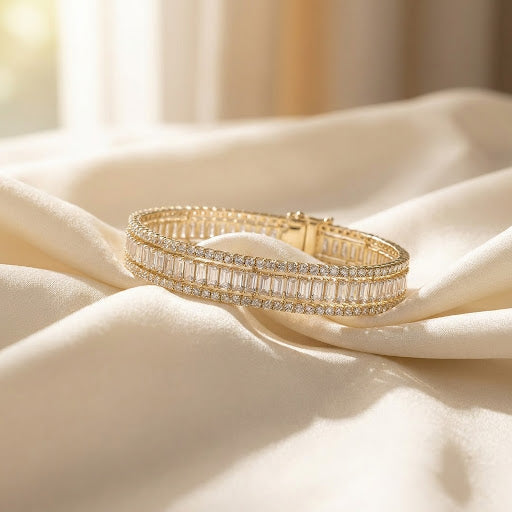 Elegant Crystal-Studded Gold-Tone Hand Cuff Bracelet for Women