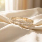 Elegant Crystal-Studded Gold-Tone Hand Cuff Bracelet for Women