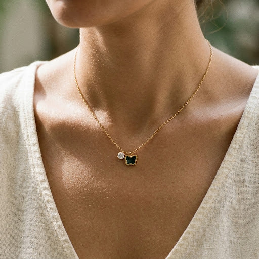 Gold Butterfly Pendant Necklace with Crystal Charm